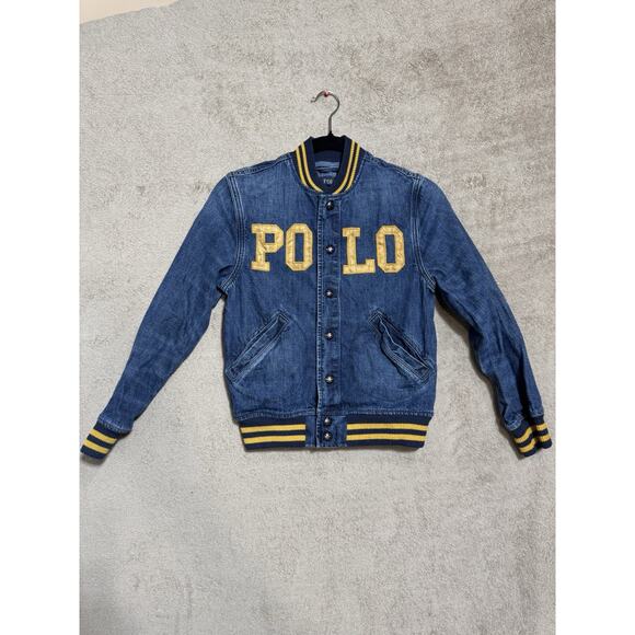 VTG Polo Ralph Lauren Denim Bomber Letterman Spell Out Varsity Jacket M (10-12) - Picture 1 of 9